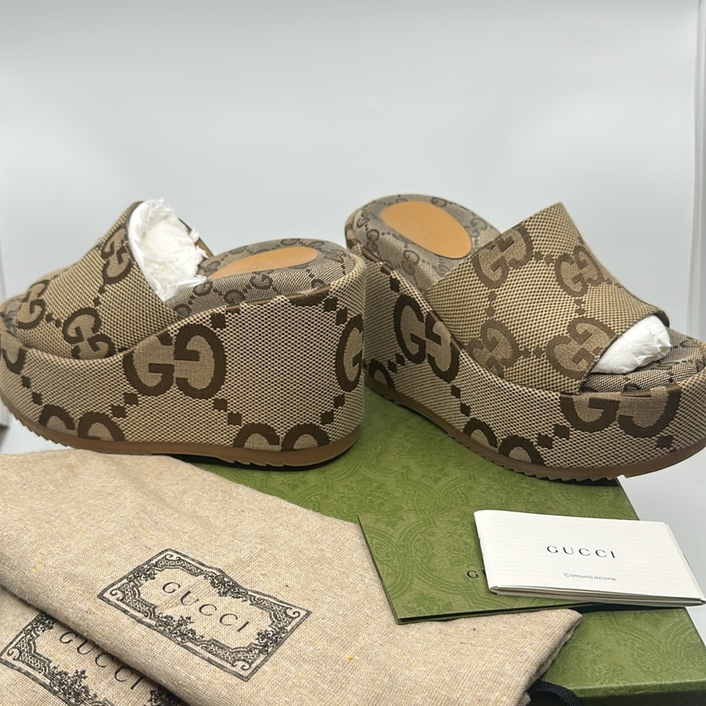 Gucci Brown Jumbo Monogram Platform Wedge Sandals, Sz 34 1/2 Box & Dustbags - Picture 10 of 16